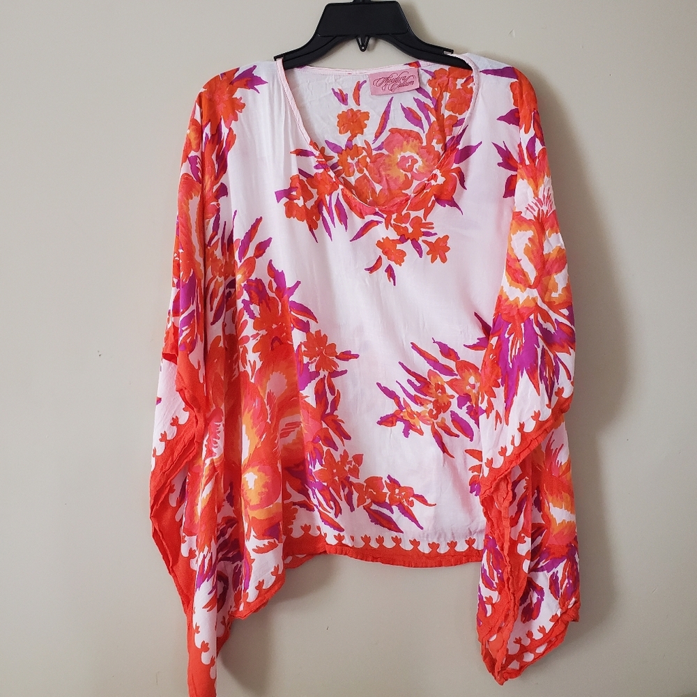 Theodora & Callum Floral Beach Cover Up Kaftan Poncho Wrap Size OSFM Red White